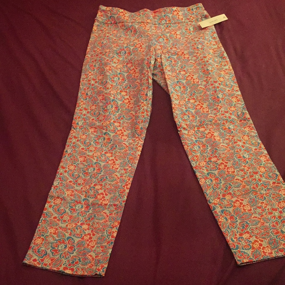 Blue/red floral stretch work casual stretch pants